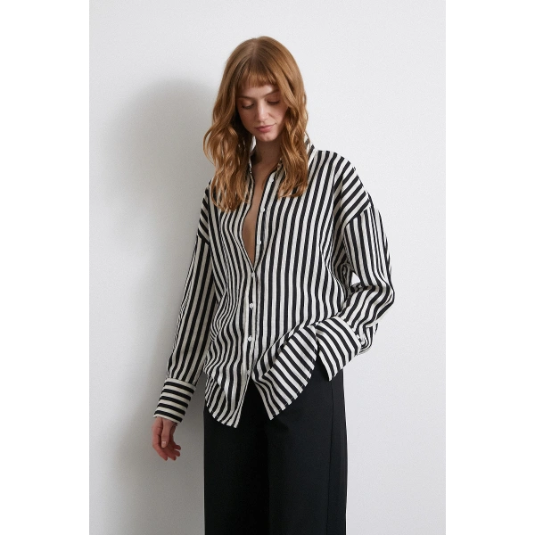 Çizgili T Kol Gömlek Siyah