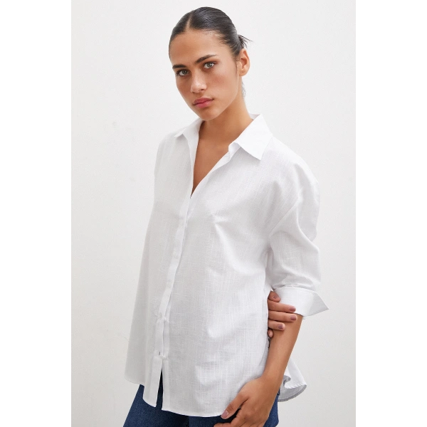 Geniş Manşetli Keten Gömlek Beyaz