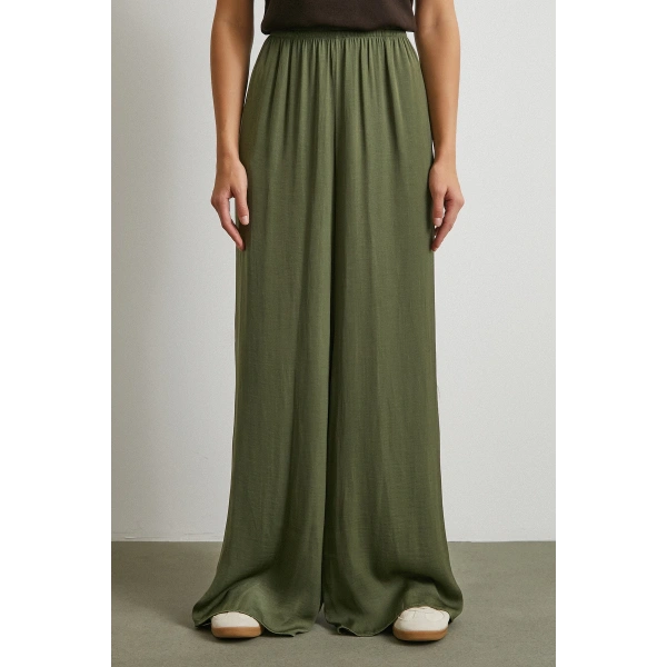 Beli Lastikli Dökümlü Geniş Paça Pantolon Haki