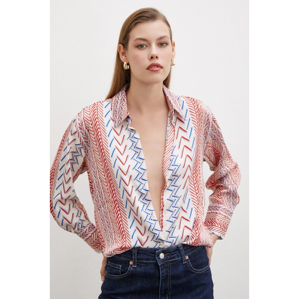 Etnik Çizim Desenli Gömlek Kırmızı