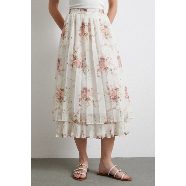 Fırfırlı Piliseli Etek Krem