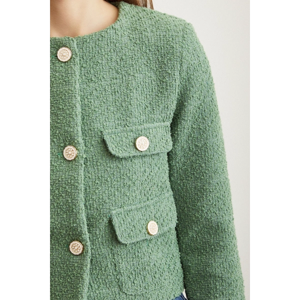 Düğme Detaylı Tüvit Ceket Yeşil