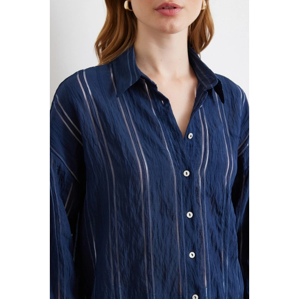 Organze Çizgili Gömlek Lacivert
