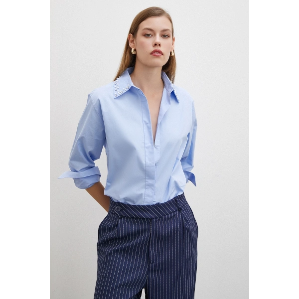 Yaka İncili Poplin Gömlek Mavi