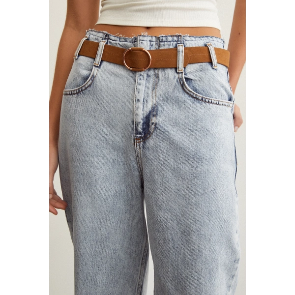 Beli Dikişsiz Kemerli Pantolon Mavi