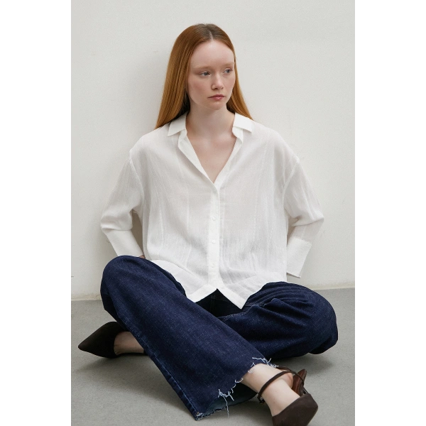 Çift İğneli Fakir Kol Gömlek Beyaz