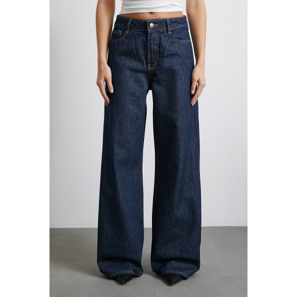 Beş Cepli Yüksek Bel Bol Paça Jean Lacivert