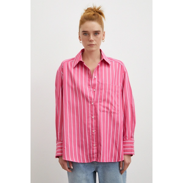 Çizgili Poplin Gömlek Pembe