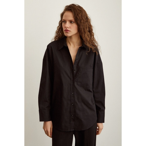 Pamuklu Poplin Gömlek Siyah