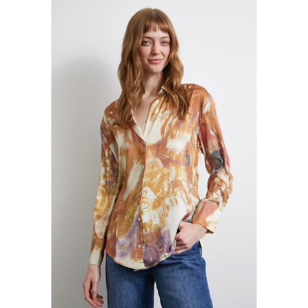 Desenli Saten Gömlek Lila