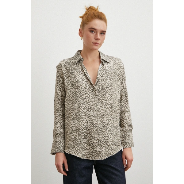 Leopar Desenli Viskon Saten Gömlek Krem