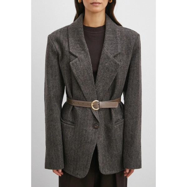 Çizgi Detaylı Kemerli Kaşa Ceket Kahve