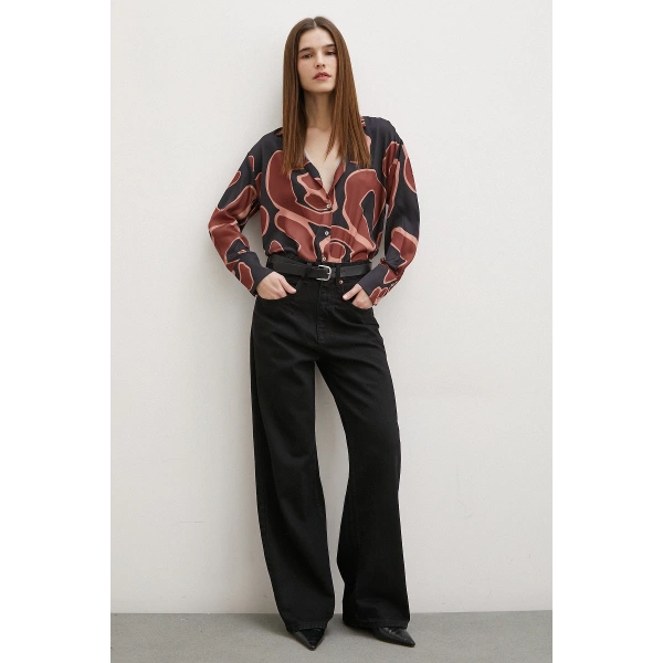 Baskılı Saten Gömlek Kahve