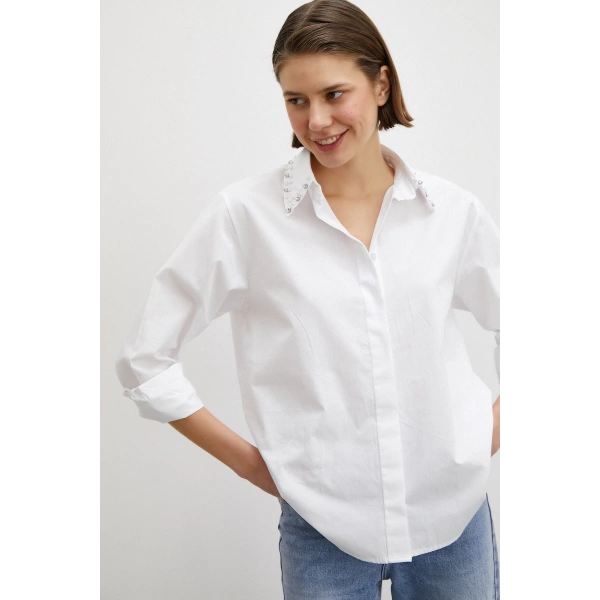 Yaka İncili Poplin Gömlek Beyaz