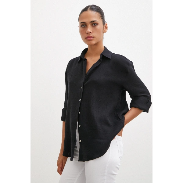 Krinkıl V Yaka Gömlek Siyah
