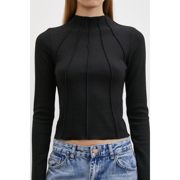 Önü Dikişli Bluz Siyah