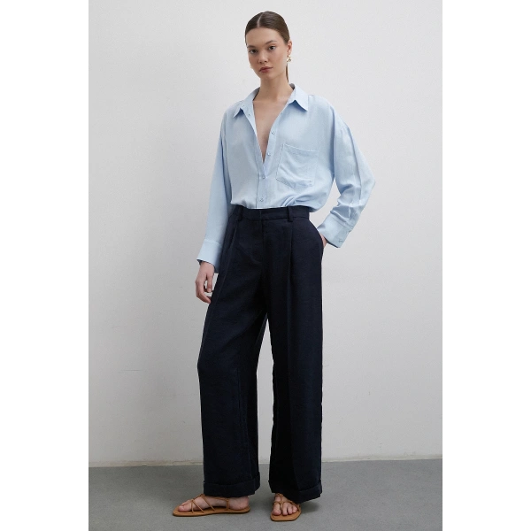 Keten Karışımlı Linen Prunes Gömlek Mavi