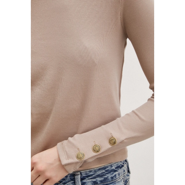 Kollu Düğmeli Bluz Vizon