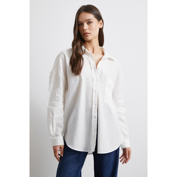Cepli Oversize Keten  Gömlek Ekru