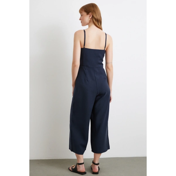 Fiyonklu Askılı Tulum Lacivert