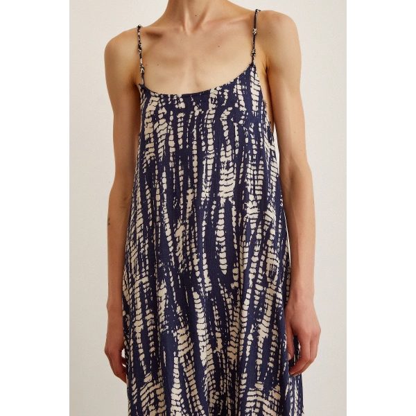 Boncuk Askılı Salaş Elbise Lacivert / Bej