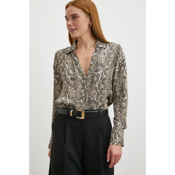 Yılan Desenli Viskon Saten Gömlek Siyah