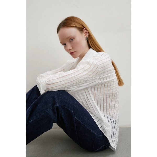 Transparan Çizgili Gömlek Beyaz