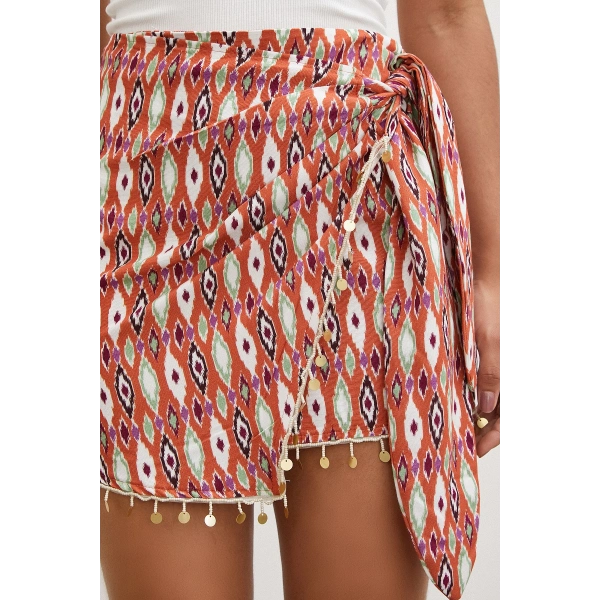 Pul Aksesuarlı Bağlamalı Mini Etek Kiremit