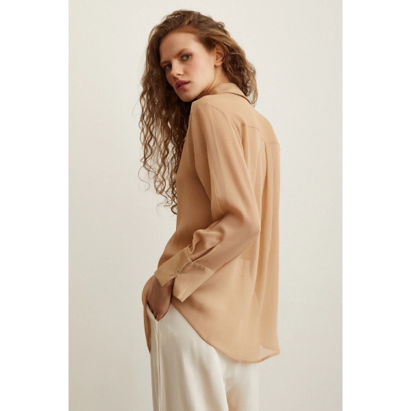 V Yaka Tül Gömlek Nude