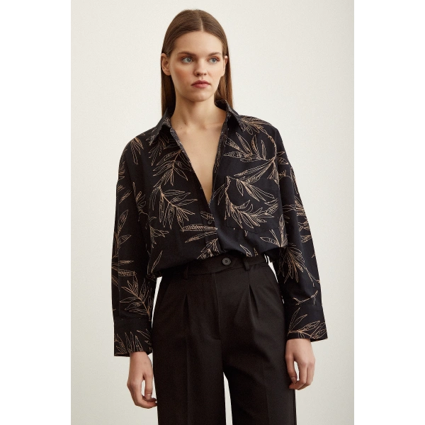 Çiçek Desenli Poplin Gömlek Siyah