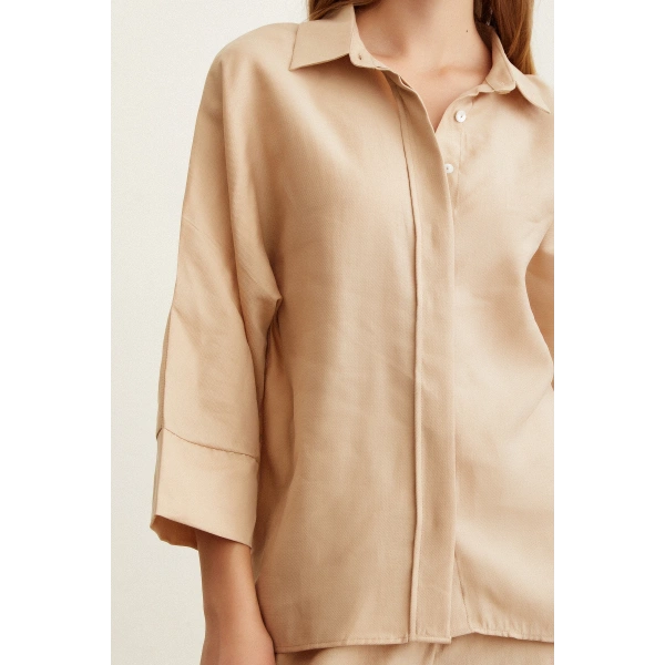 Yarasa Kol Keten Gömlek Bej