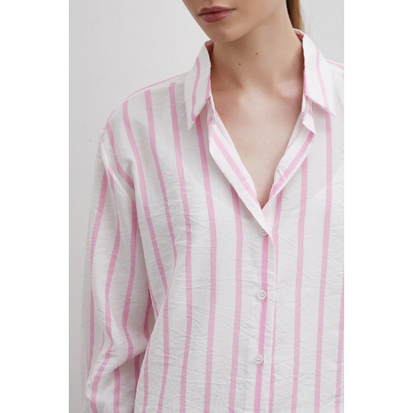 V Yaka Çizgili Modal Gömlek Pembe