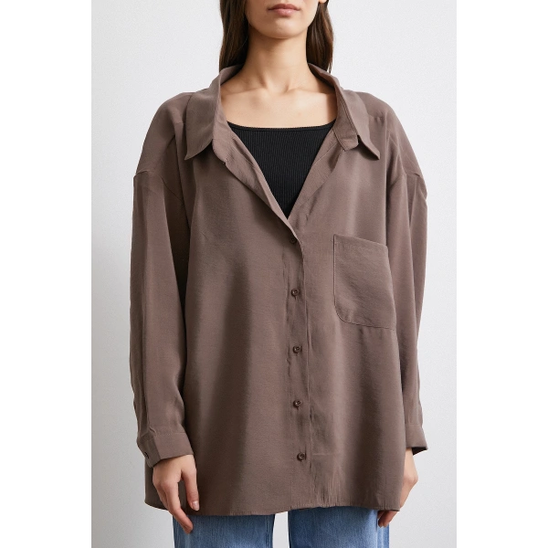 Oversize Cepli Modal Gömlek Kahve