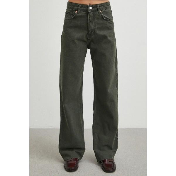 Yüksek Bel Kesik Boru Paça Jean Yeşil