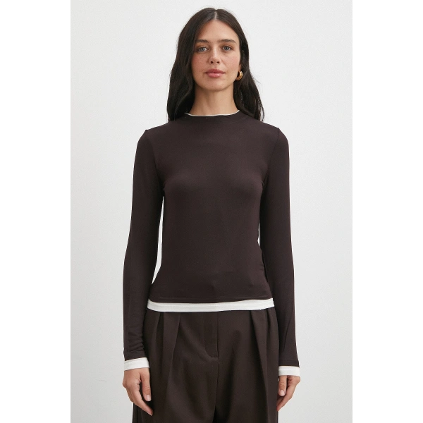 Garnili Bisiklet Yaka Bluz Kahve