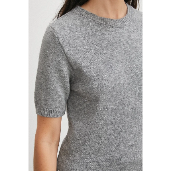 Simli Kısa Kol Kazak Gri