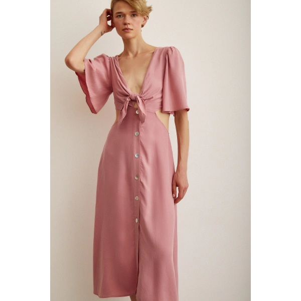 Önü Bağlamalı Balon Omuz Elbise Gül Kurusu