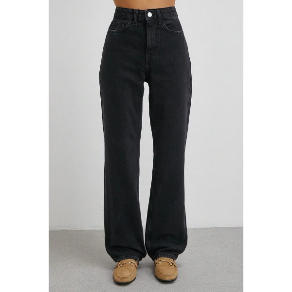 Yüksek Bel Boru Paça Jean Siyah
