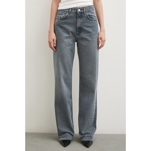 Yüksek Bel Kesik Paça Wide Leg Jean Füme