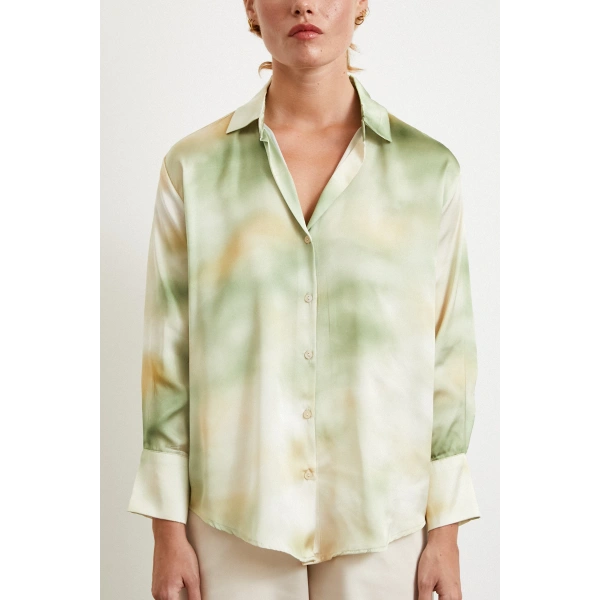 Ebruli Desen Saten GömleK Yeşil