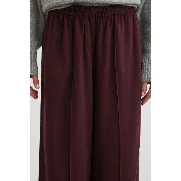 Çizgi Detaylı Geniş Paça Beli Lastikli Pantolon Bordo