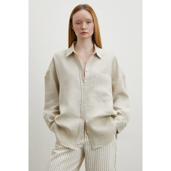 Robalı Cepli Keten Gömlek Taş