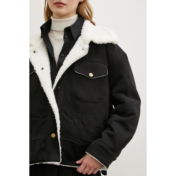 Süet İçi Peluşlu Mont Siyah