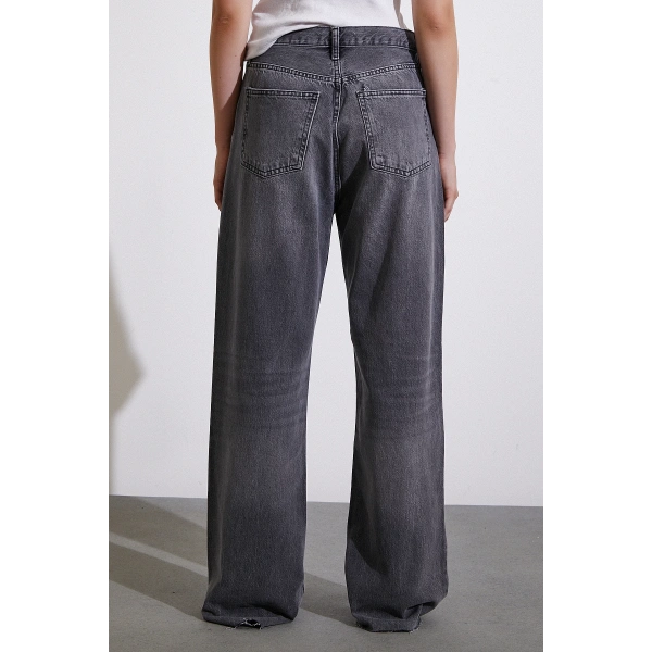 Yüksek Bel Kesik Paça Wide Leg Jean Antirasit
