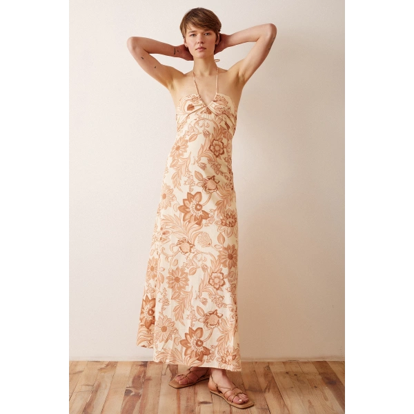 Çiçek Desenli Askılı Elbise Sarı