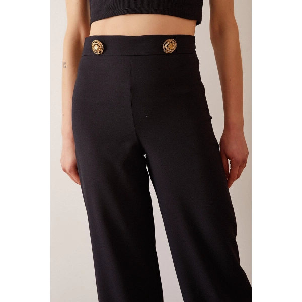 Düğme Detaylı Salaş Pantolon Siyah