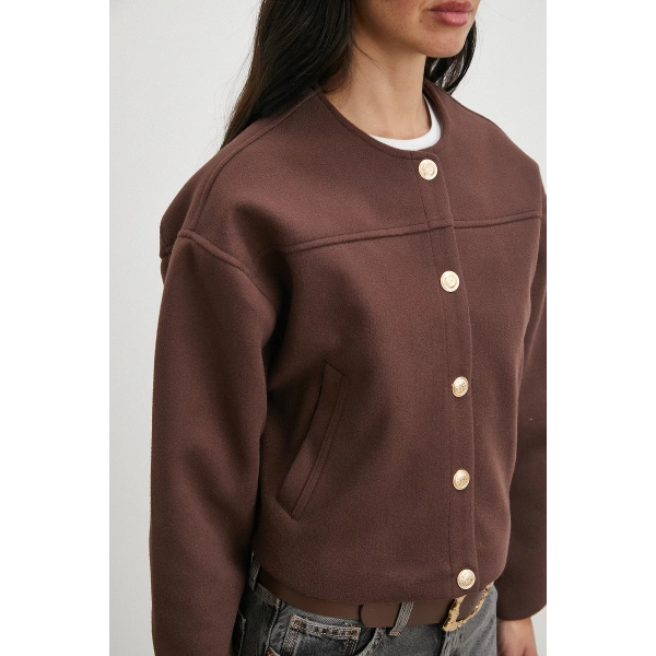 Beli Lastikli Düğmeli Bomber Ceket Kahve