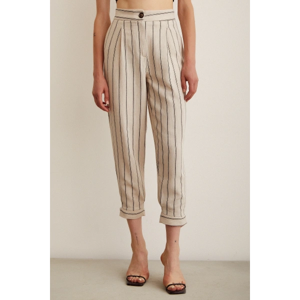 Önü Düğmeli Çizgili Pantolon Çizgili Ekru