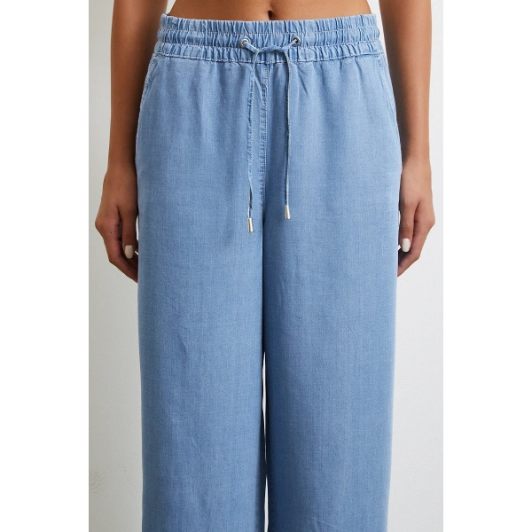 Beli Lastikli Bağcıklı Geniş Paça Pantolon Mavi