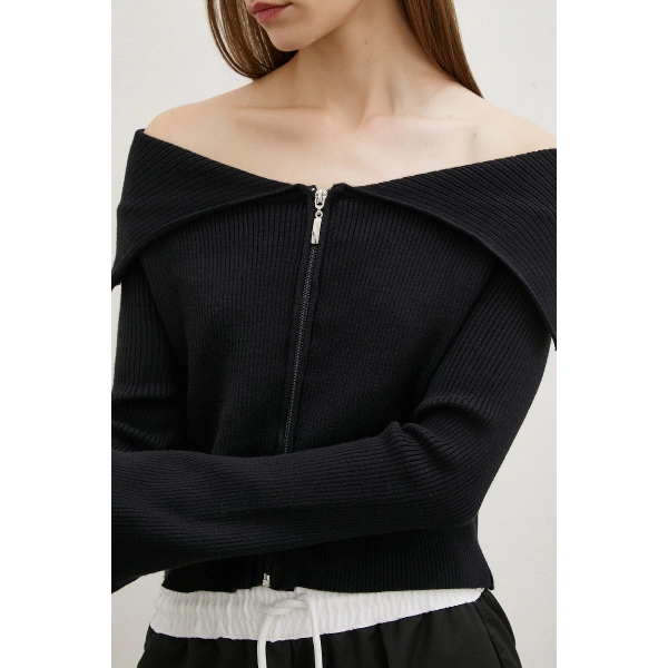 Fermuarlı Mendil Yaka Hırka Siyah